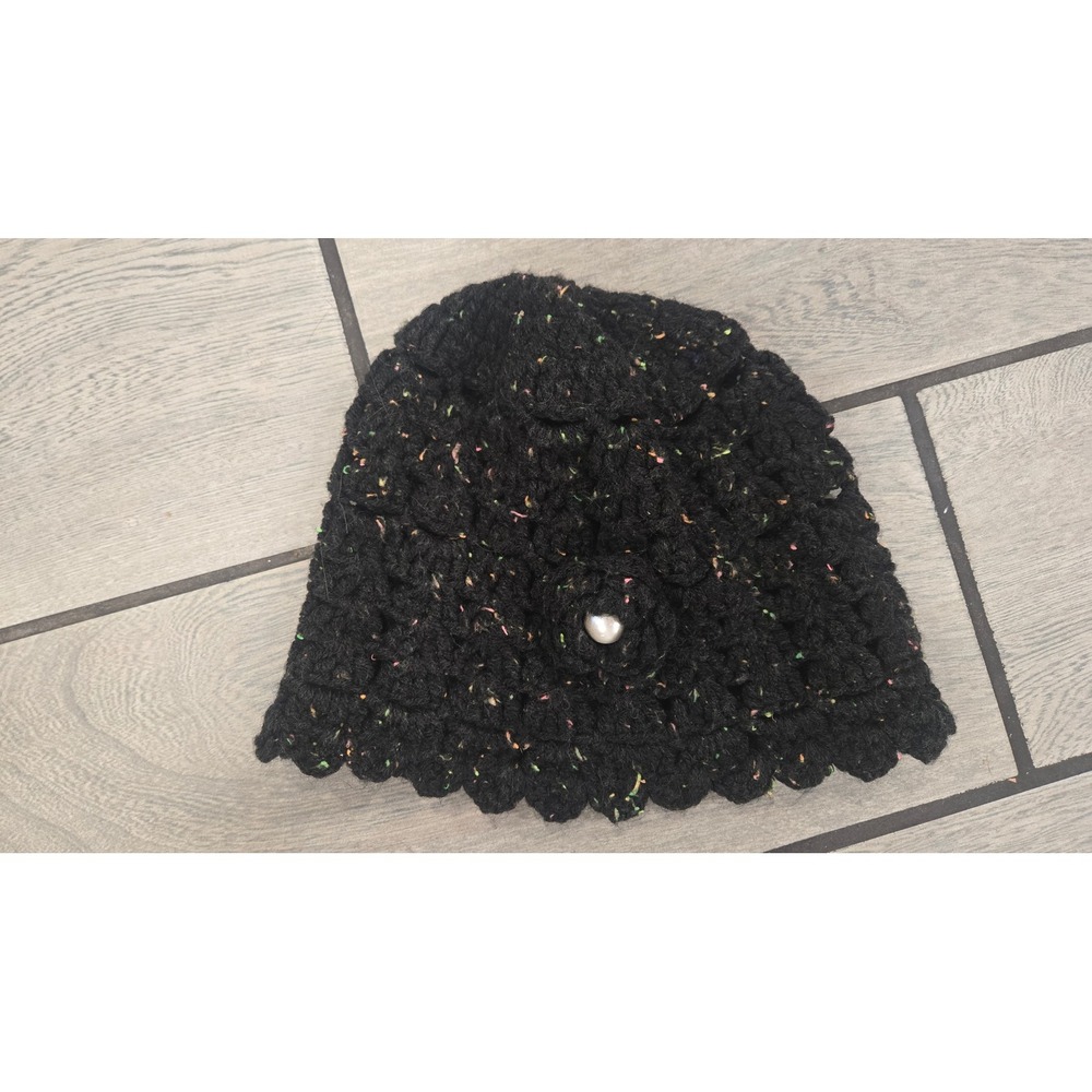 Handmade Crochet Cloche Beanie Hat Black Neon Confetti Fleck Flower Pearl Accent